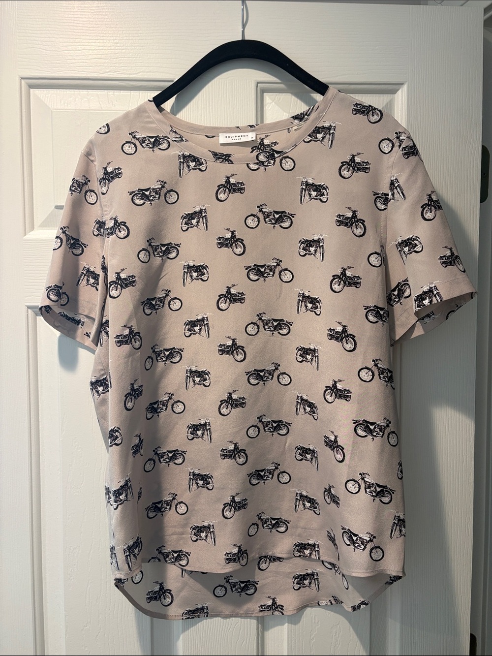 Equipment Beige Silk Tee with Black Motorcycle Print